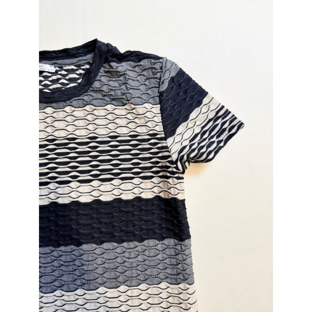 Zara‎ Basic Women Black Grey Striped Textured Popcorn Knit Short Sleeve Top S - Picture 2 of 5